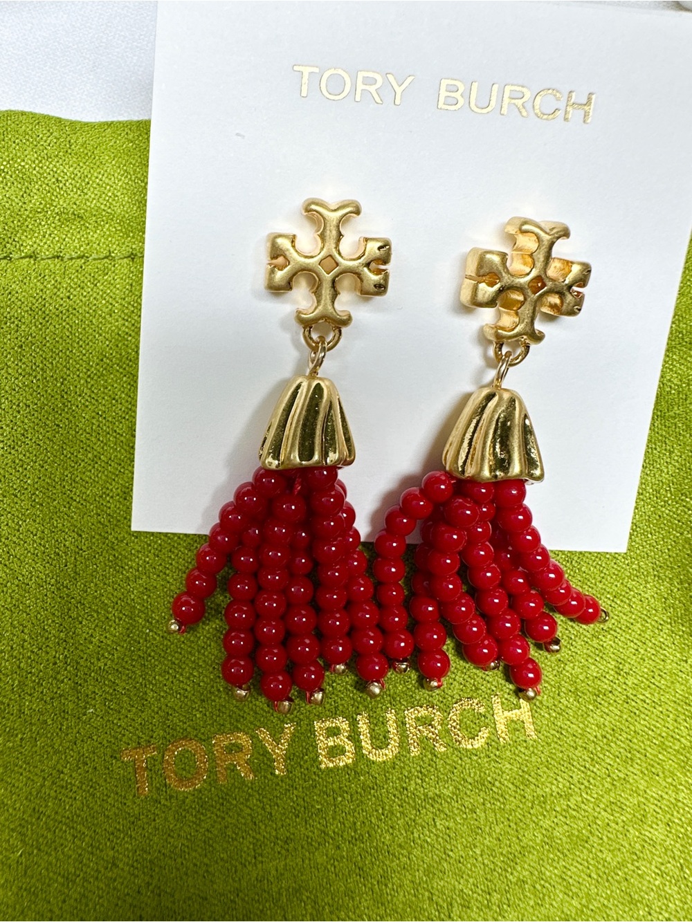 Tory Burch Gold Logo Tassel Earrings with Red Beads